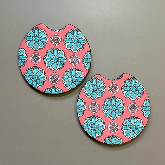 Western Car Coasters - Pink & Turquoise Checkered Neoprene Cup Holder Set