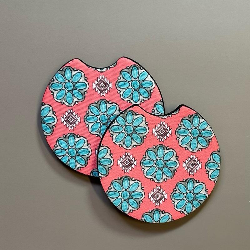 Western Car Coasters - Pink & Turquoise Checkered Neoprene Cup Holder Set