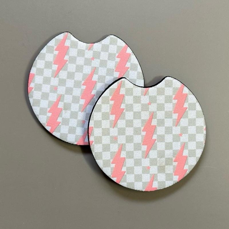 Car Cup Coasters - Checkered Lightning Bolt Neoprene Absorbent Drink Protector