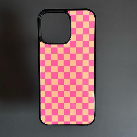 Checkered Phone Case - Pink Orange Hard Rubber Mobile Phone Case Glossy Cover