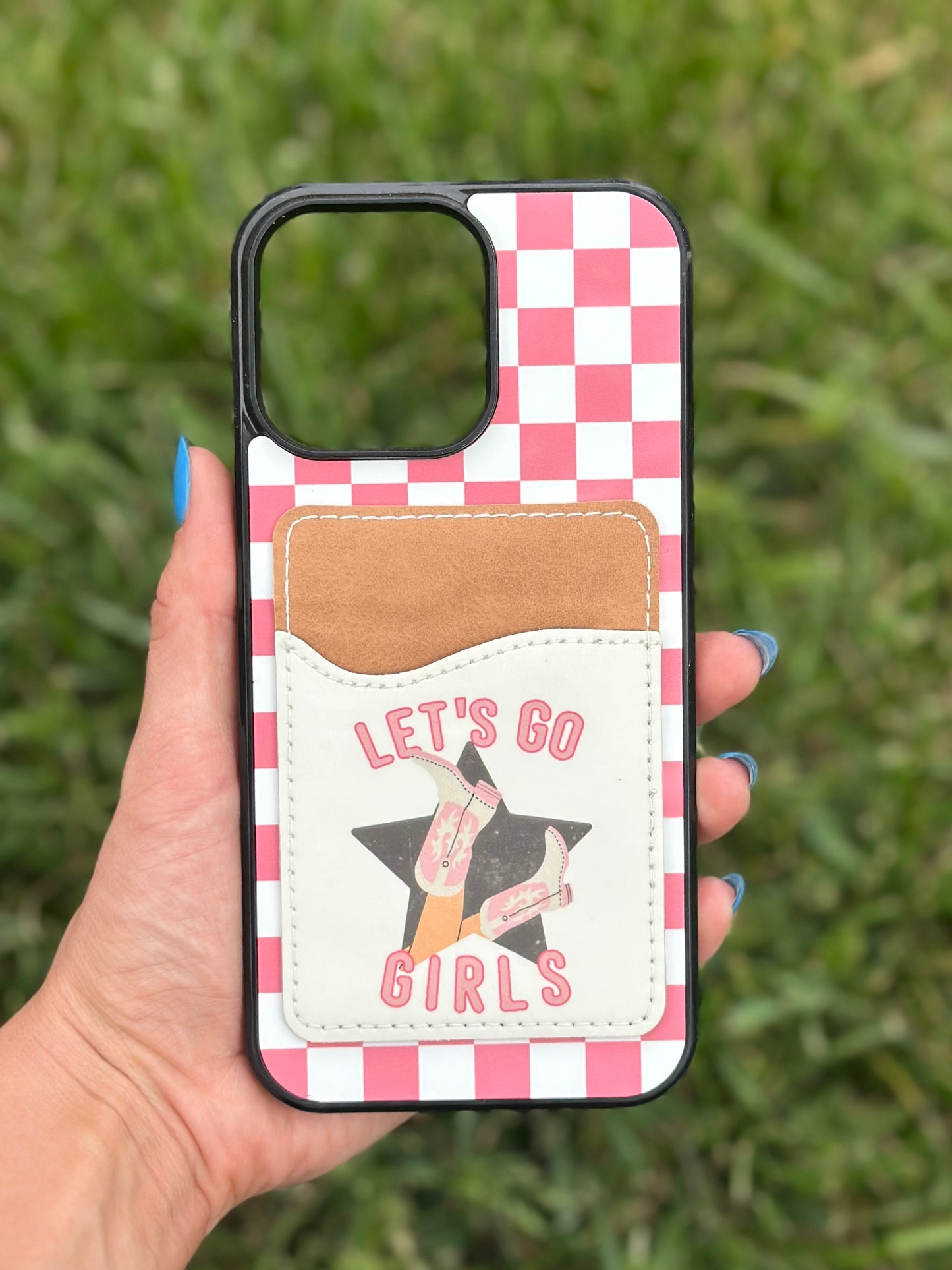Pink Phone Case - Hard Rubber Case with Card Wallet Cover Fits 3 Cards | Glossy Protective Mobile Accessory Magsafe