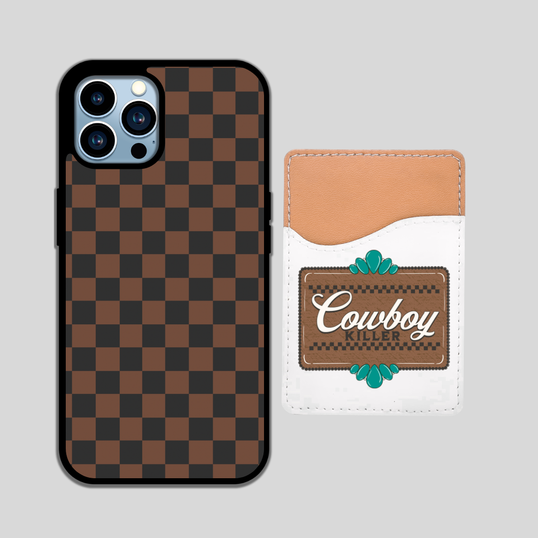 BROWN AND BLACK CHECKERED PHONE CASE WITH COWBOY CARD WALLET