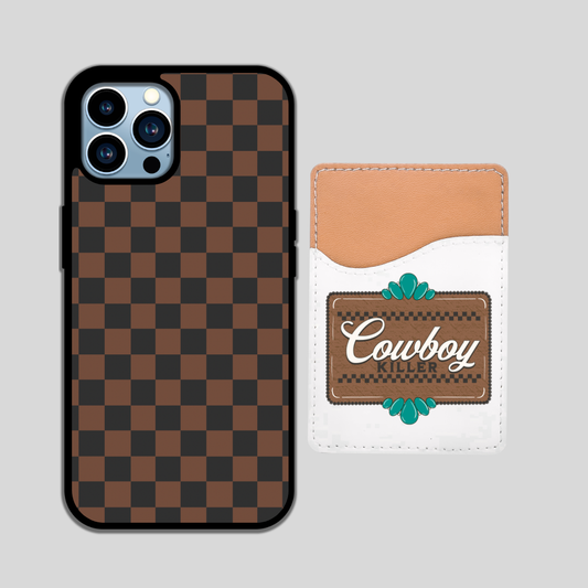 BROWN AND BLACK CHECKERED PHONE CASE WITH COWBOY CARD WALLET