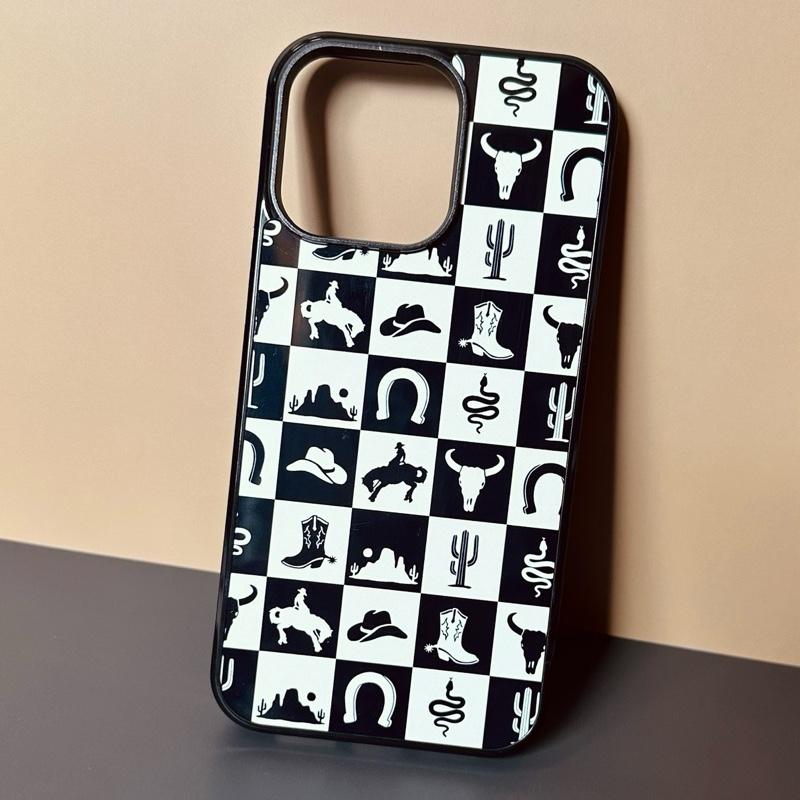 Western Phone Case - Checkered Rubber Cover With Card Wallet For 16 Pro Max