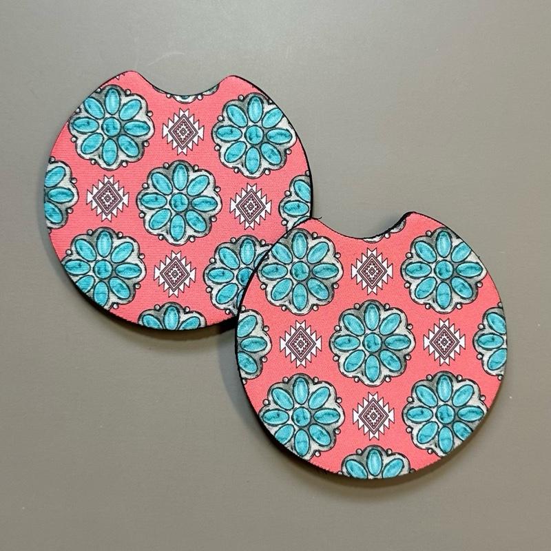 Western Car Coasters - Pink & Turquoise Checkered Neoprene Cup Holder Set