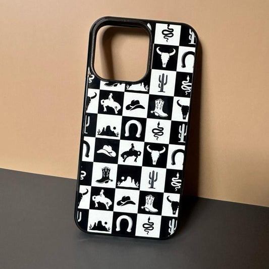 Western Phone Case - Checkered Rubber Cover With Card Wallet For 16 Pro Max