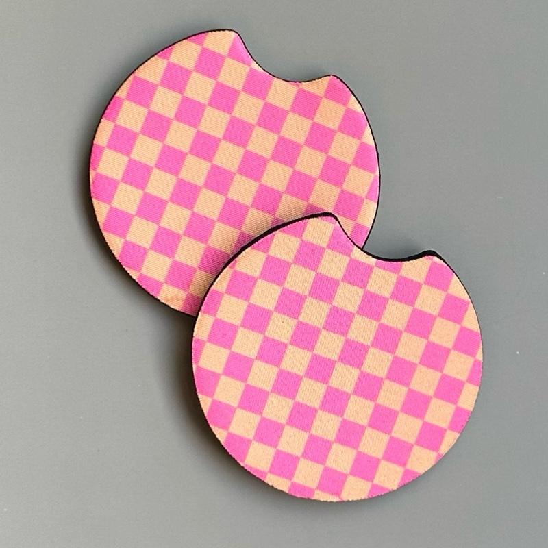 Car Cup Coasters - Checkered Neoprene Car Accessories Set with Rubber Bottom