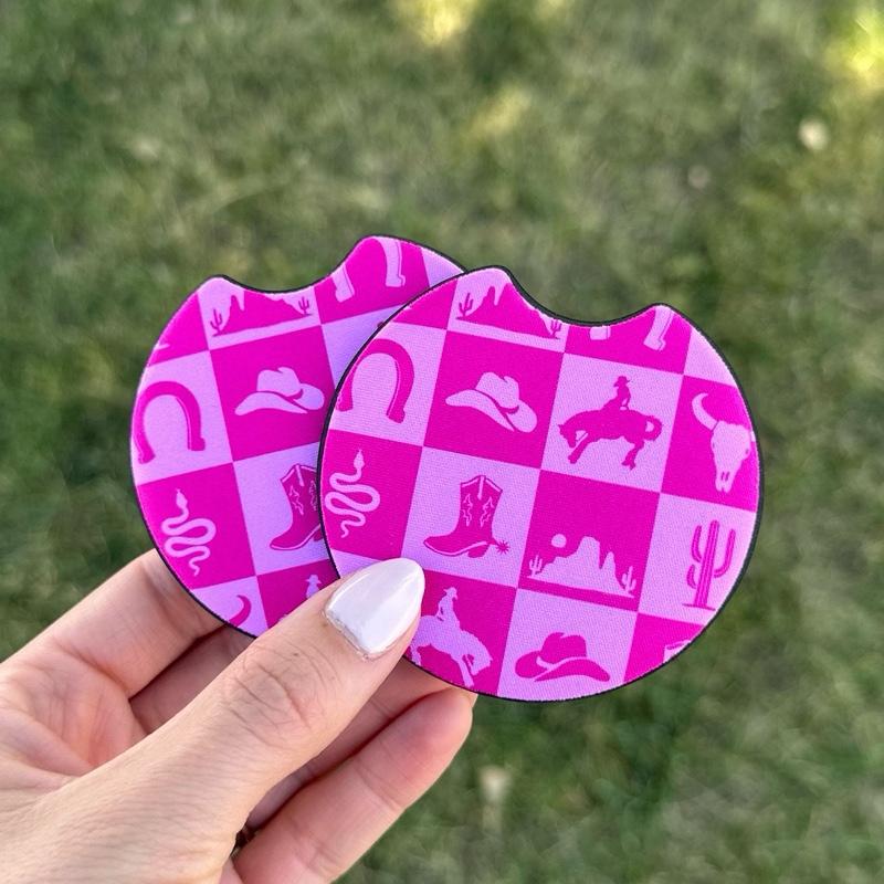 Car Cup Coasters - Pink Western Checkered Neoprene Drink Coaster Set