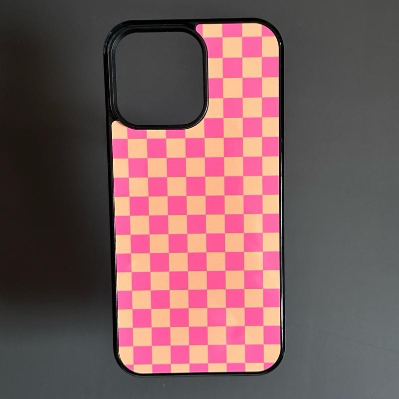 Checkered Phone Case - Pink Orange Hard Rubber Mobile Phone Case Glossy Cover
