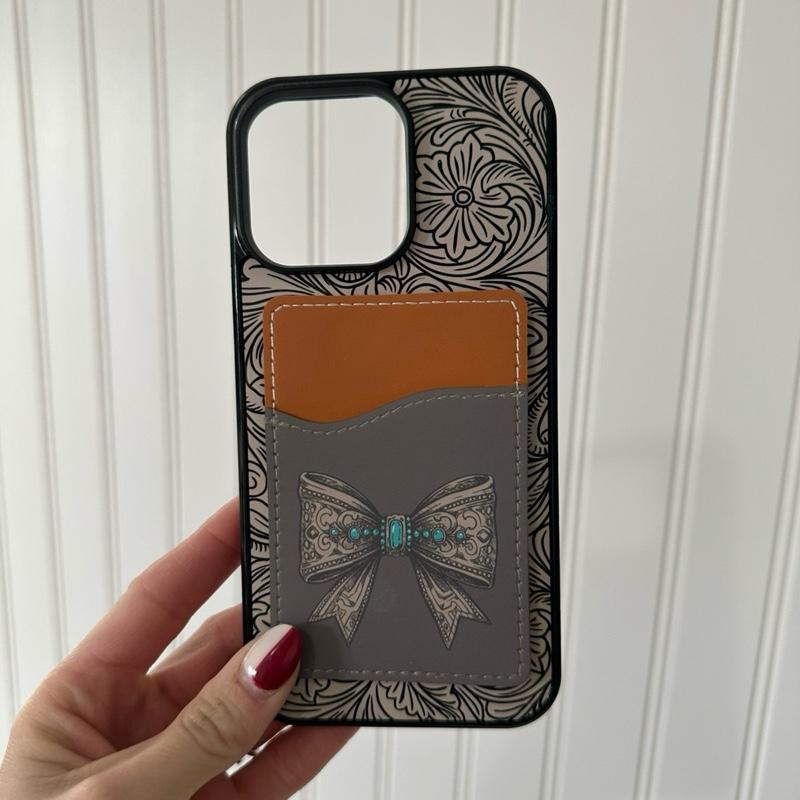 Tooled Bow Phone Case – Hard Rubber Protective Cover With Card Wallet Magsafe
