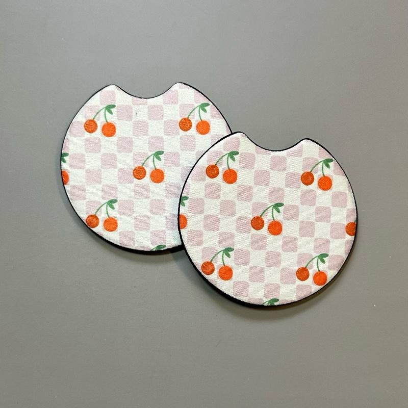 Car Cup Coasters - Checkered Pink Neoprene Car Accessories Set for Vehicle Cup Holders