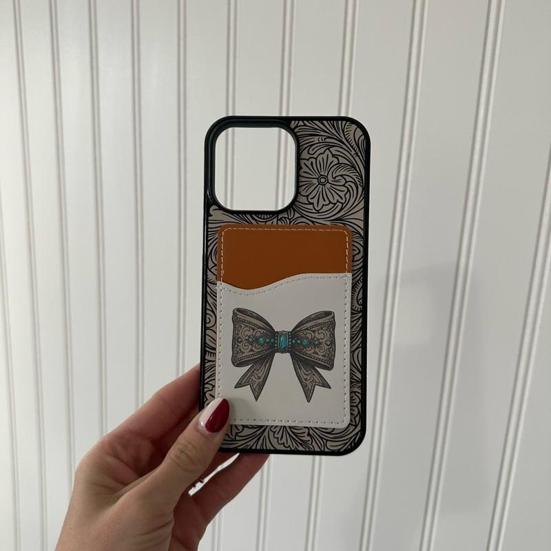 Tooled Bow Phone Case – Hard Rubber Protective Cover With Card Wallet Magsafe