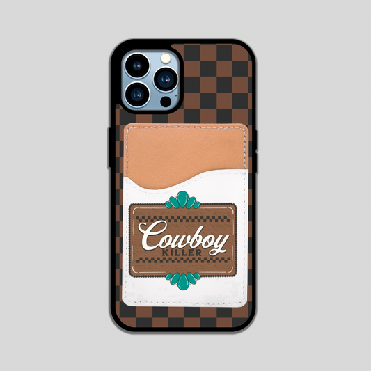 BROWN AND BLACK CHECKERED PHONE CASE WITH COWBOY CARD WALLET