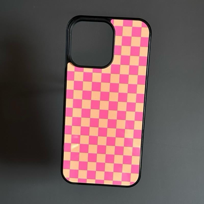 Western Phone Case - Pink Orange Checker Pattern Hard Rubber Cover