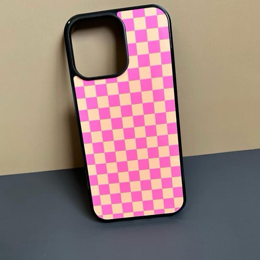 Western Phone Case - Pink Orange Checker Pattern Hard Rubber Cover