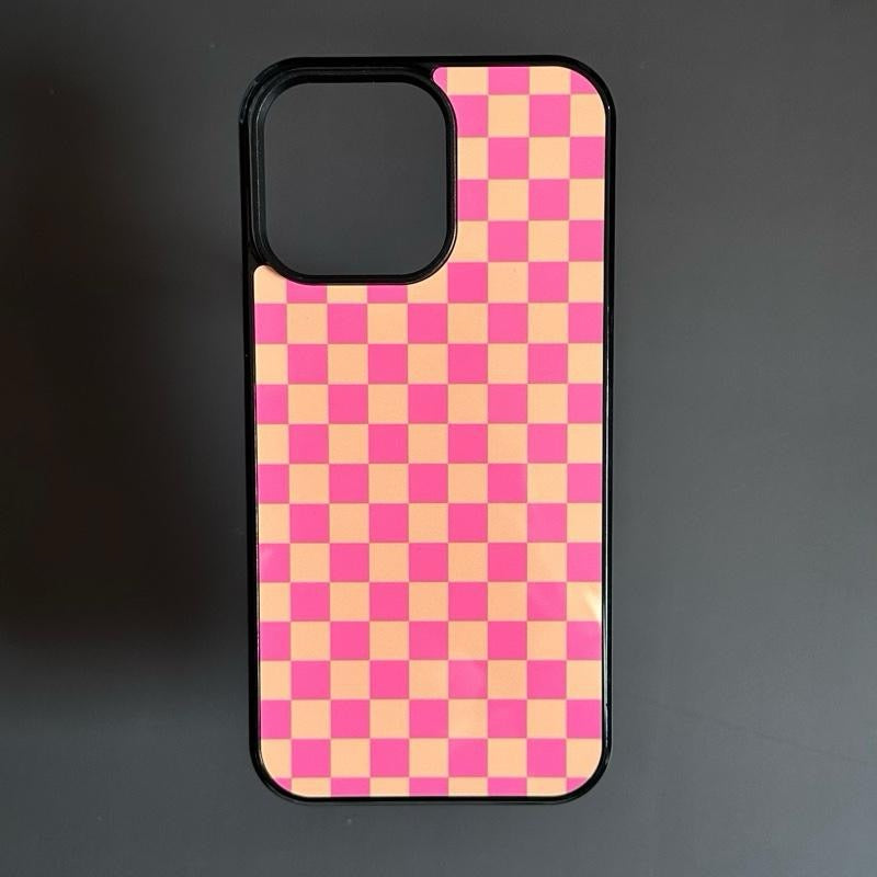 Western Phone Case - Pink Orange Checker Pattern Hard Rubber Cover