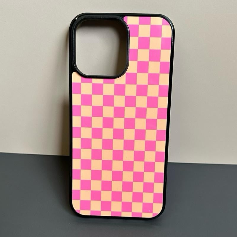 Western Phone Case - Pink Orange Checker Pattern Hard Rubber Cover