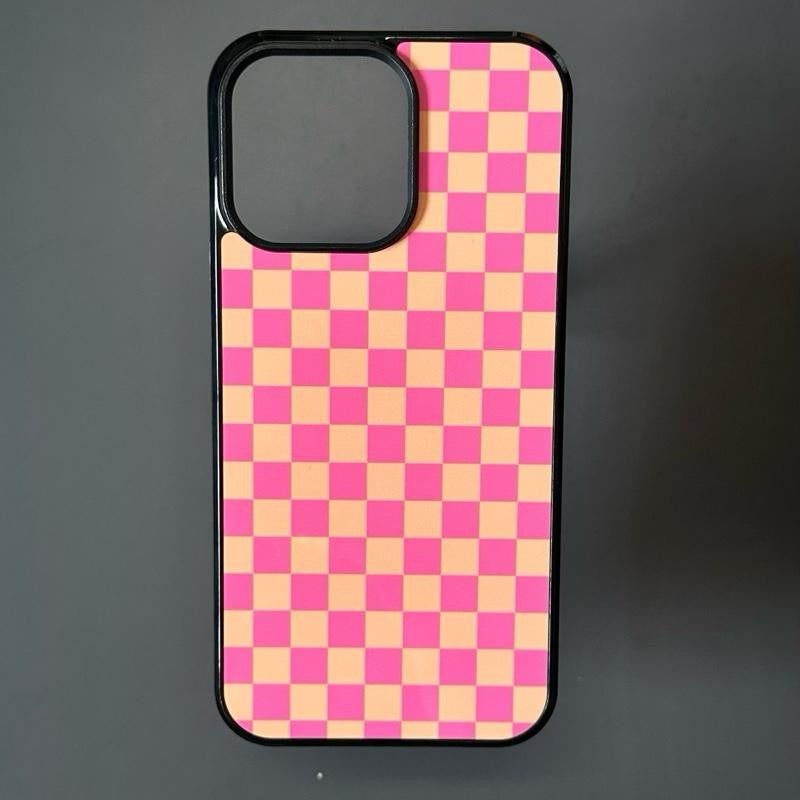 Western Phone Case - Pink Orange Checker Pattern Hard Rubber Cover