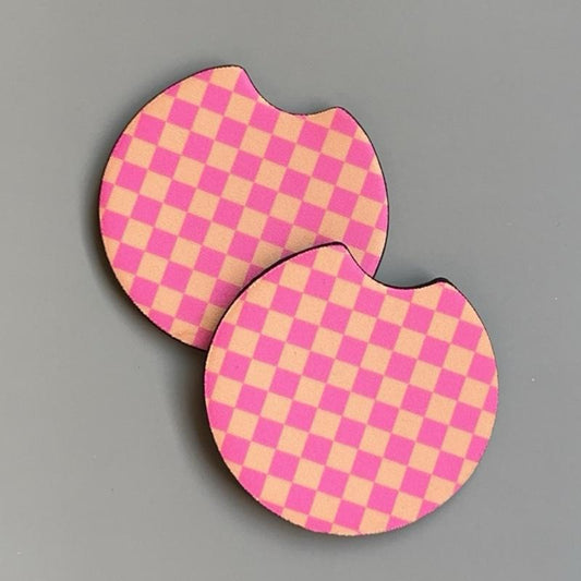 Car Cup Coasters - Checkered Neoprene Car Accessories Set with Rubber Bottom