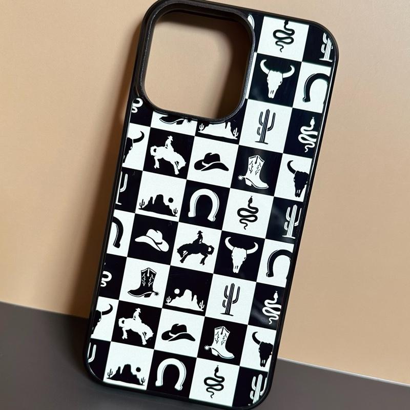 Western Phone Case - Checkered Rubber Cover With Card Wallet For 16 Pro Max
