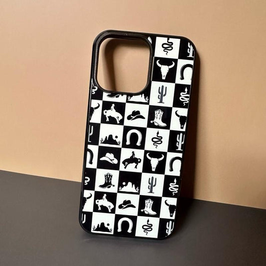 Western Phone Case - Checkered Rubber Cover With Card Wallet For 16 Pro Max