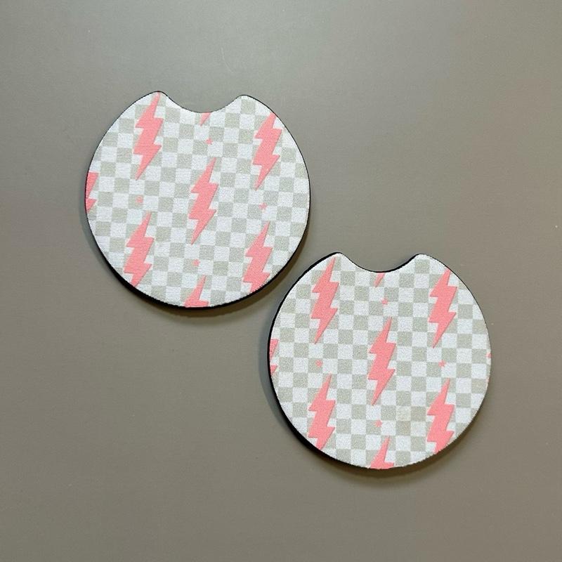Car Cup Coasters - Checkered Lightning Bolt Neoprene Absorbent Drink Protector