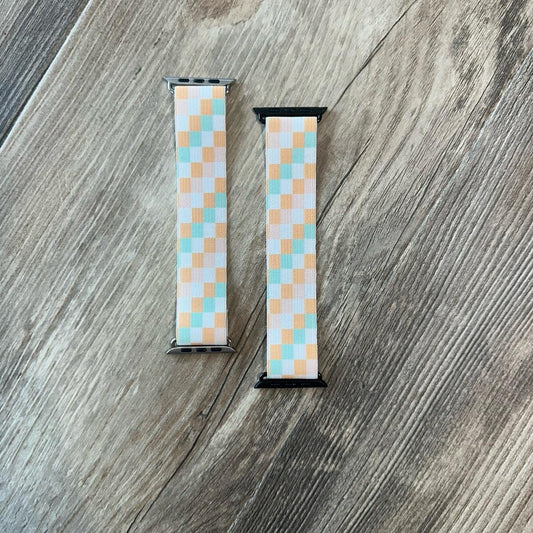 Elastic Watch Band - Handmade Teal Orange Checker Print Stretchy Durable Strap