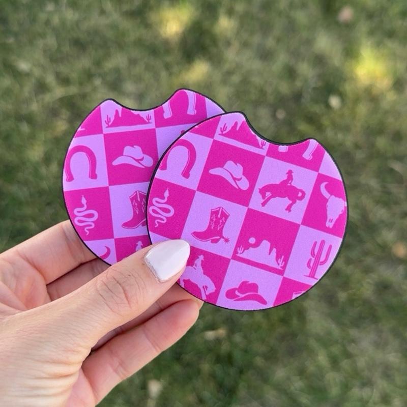 Car Cup Coasters - Pink Western Checkered Neoprene Drink Coaster Set